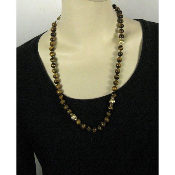 Tiger Eye Beaded Necklace 26 Long Single Strand Knots 14k Gold Filled Clasp VTG - Picture 2 of 7